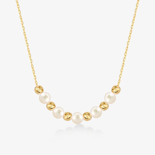 Bead and Pearl Station Necklace in 14K Solid Gold