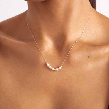 Bead and Pearl Station Necklace in 14K Solid Gold