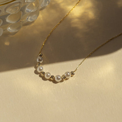 Bead and Pearl Station Necklace in 14K Solid Gold