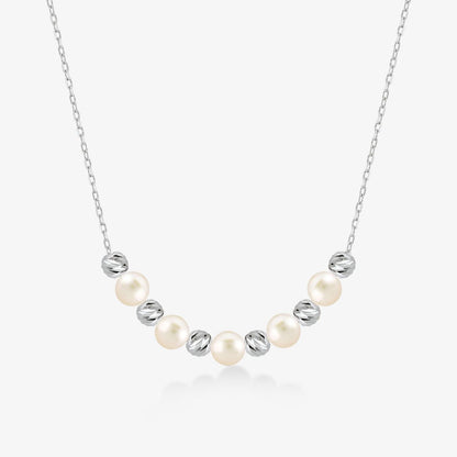 Bead and Pearl Station Necklace in 14K Solid Gold