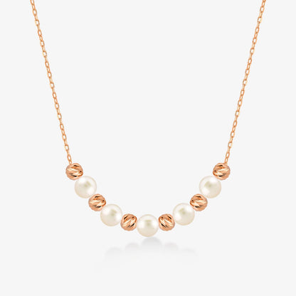 Bead and Pearl Station Necklace in 14K Solid Gold