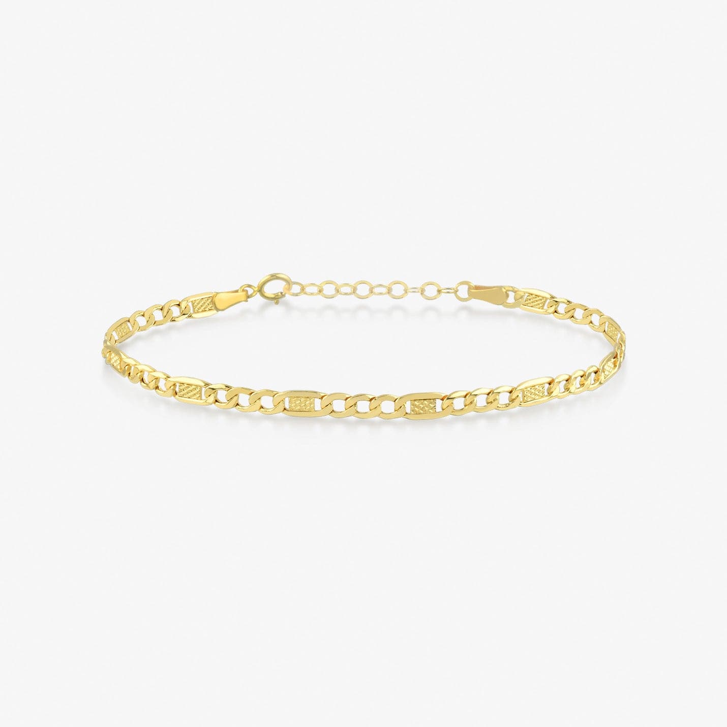 Figaro Chain Bracelet in 14K Solid Gold, Adjustable