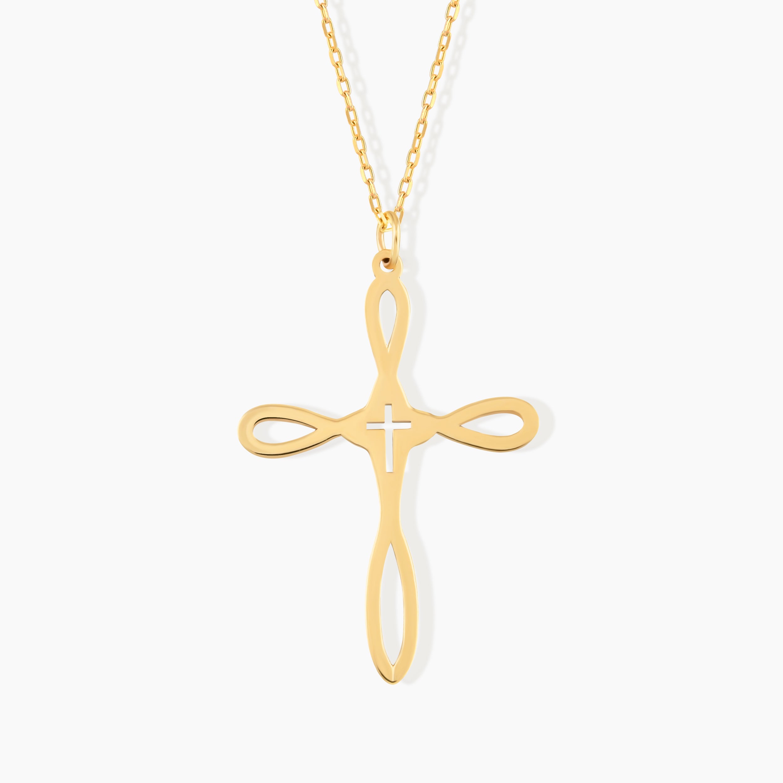 14K Solid Gold Infinity Cross Necklace - Dainty Looped Cross