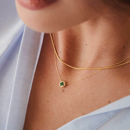 Diamond Emerald Halo Necklace in 14K Solid Gold