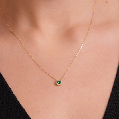 Diamond Emerald Halo Necklace in 14K Solid Gold