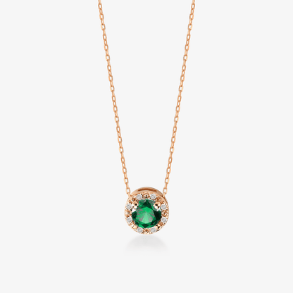 Diamond Emerald Halo Necklace in 14K Solid Gold