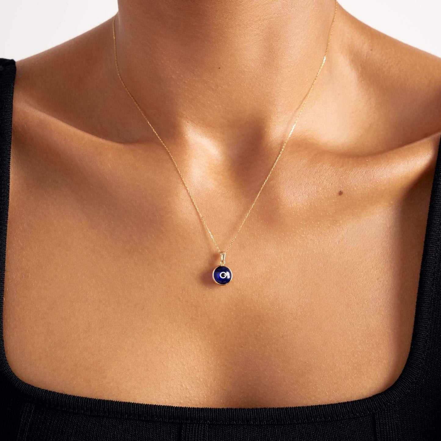 Navy Blue Evil Eye Necklace in 14K Solid Gold