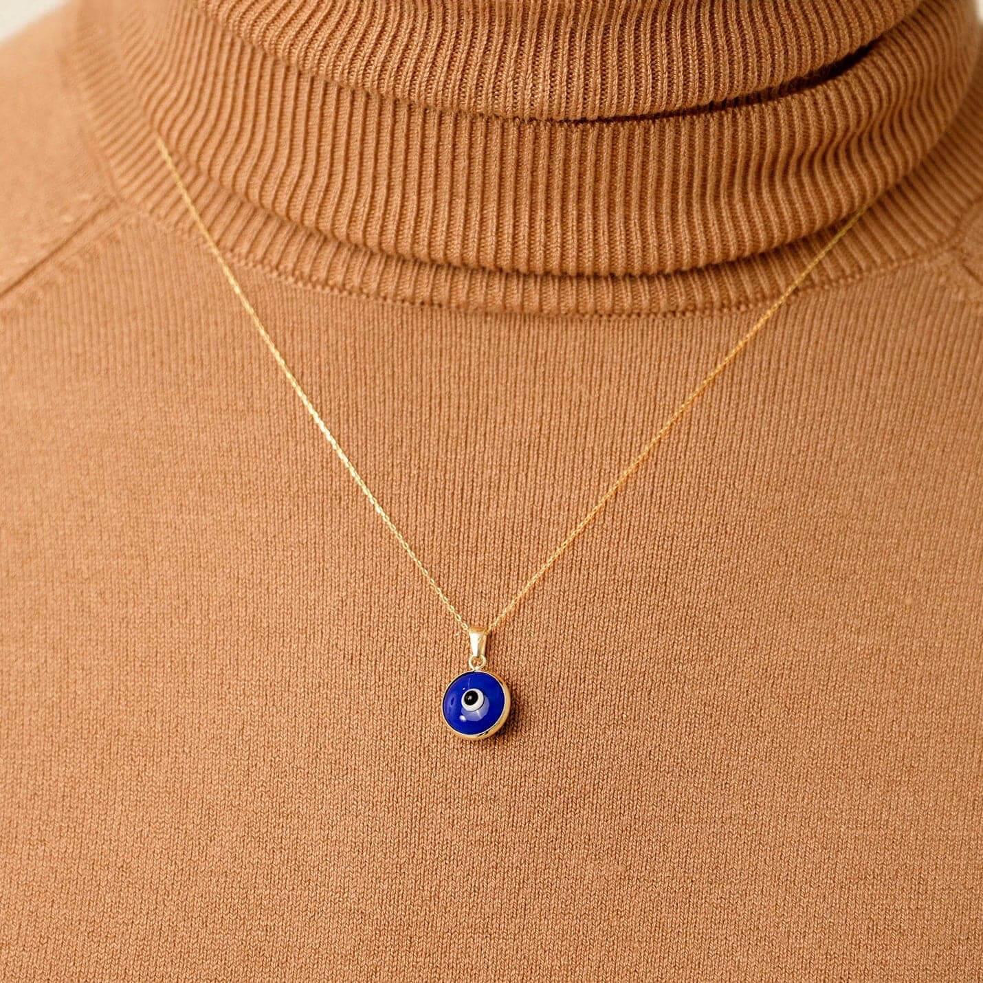 Navy Blue Evil Eye Necklace in 14K Solid Gold