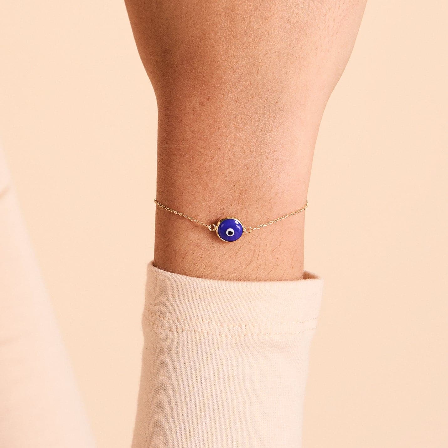 Navy Blue Evil Eye Bracelet in 14K Solid Gold, Adjustable