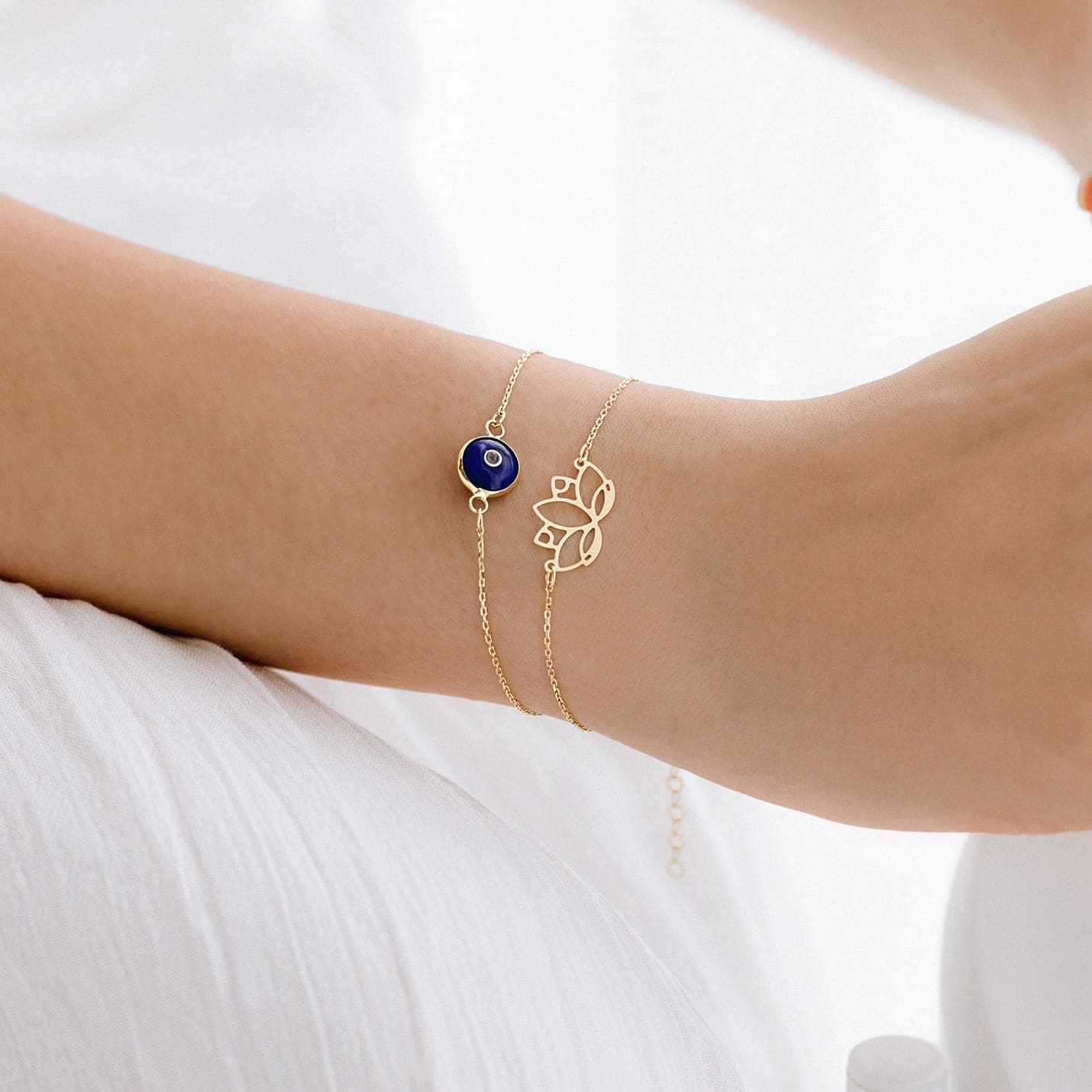 Navy Blue Evil Eye Bracelet in 14K Solid Gold, Adjustable