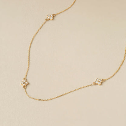 Diamond Flower Station Necklace in 14K Solid Gold