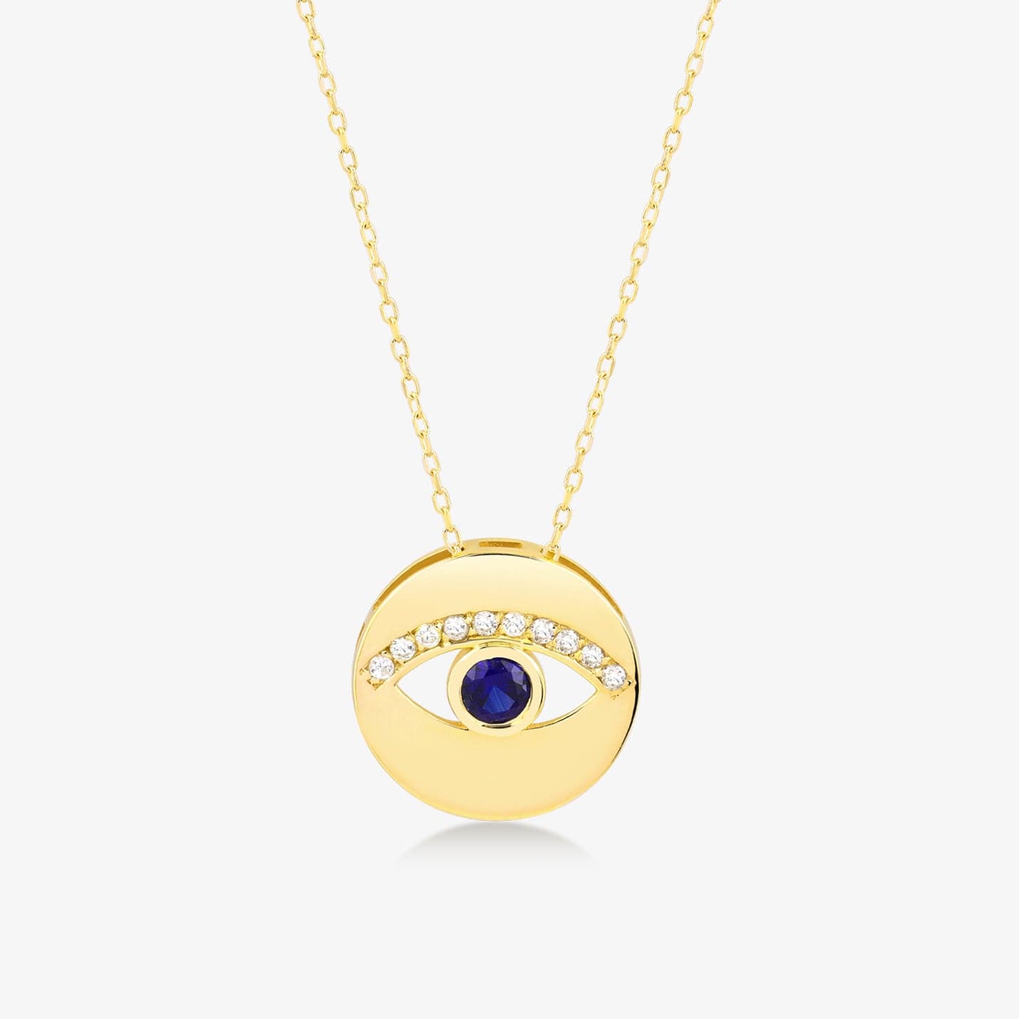 Diamond Sapphire Round Evil Eye Necklace in 14K Solid Gold