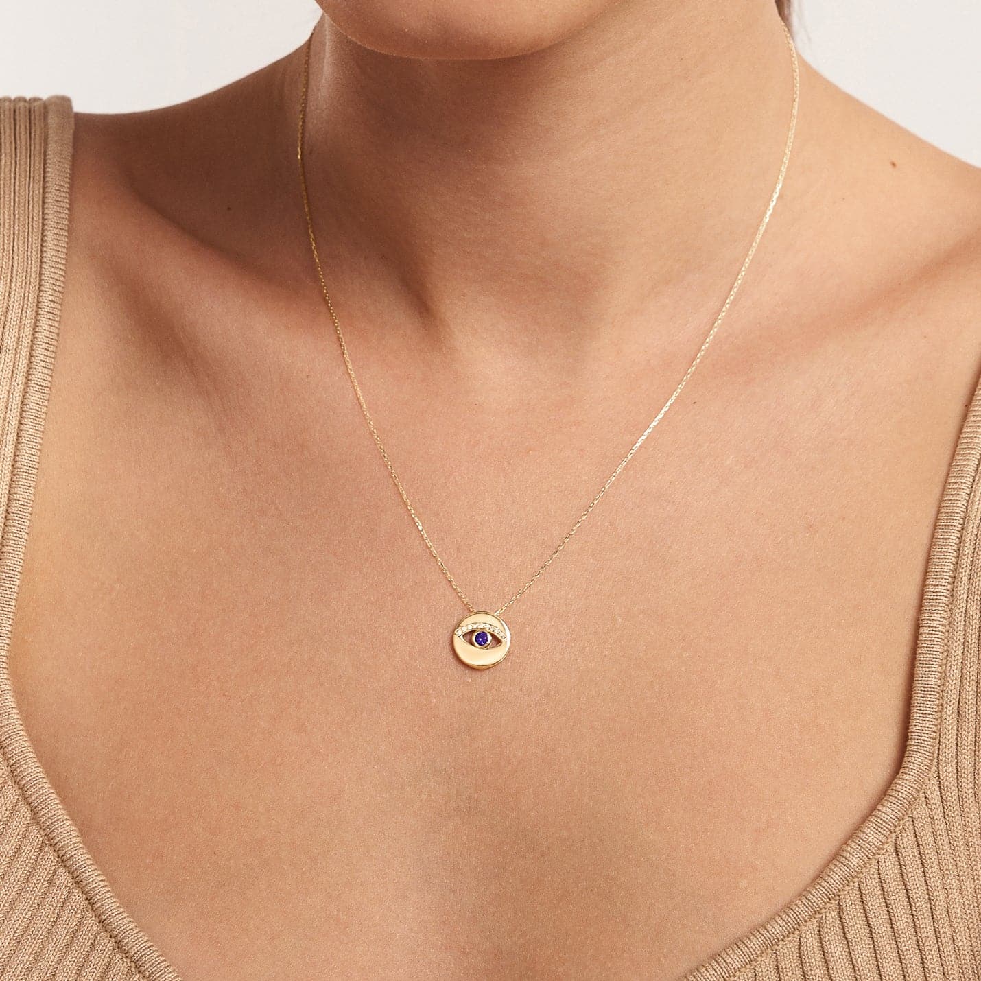 Diamond Sapphire Round Evil Eye Necklace in 14K Solid Gold