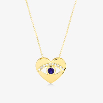 1/20 CT. T.W. Diamond & 1/8 CT. T.W. Sapphire Heart Evil Eye Pendant Necklace in 14K Solid Gold