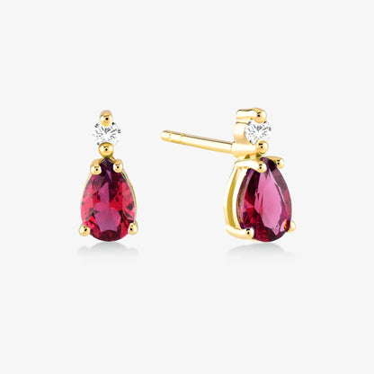 1/20 CT. T.W. Diamond and 1 CT. T.W. Pear-Shaped Ruby Earrings in 14K Solid Gold