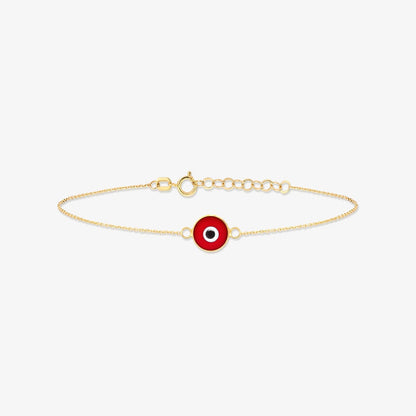 Red Evil Eye Bracelet in 14K Solid Gold, Adjustable