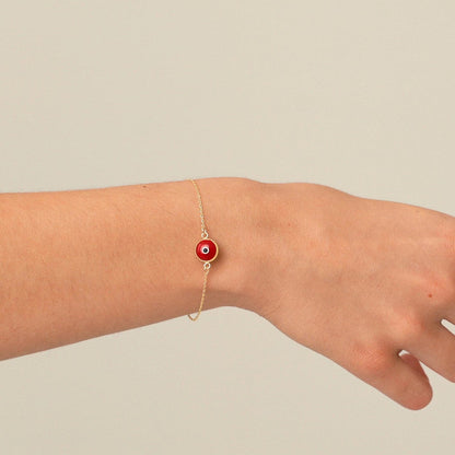 Red Evil Eye Bracelet in 14K Solid Gold, Adjustable