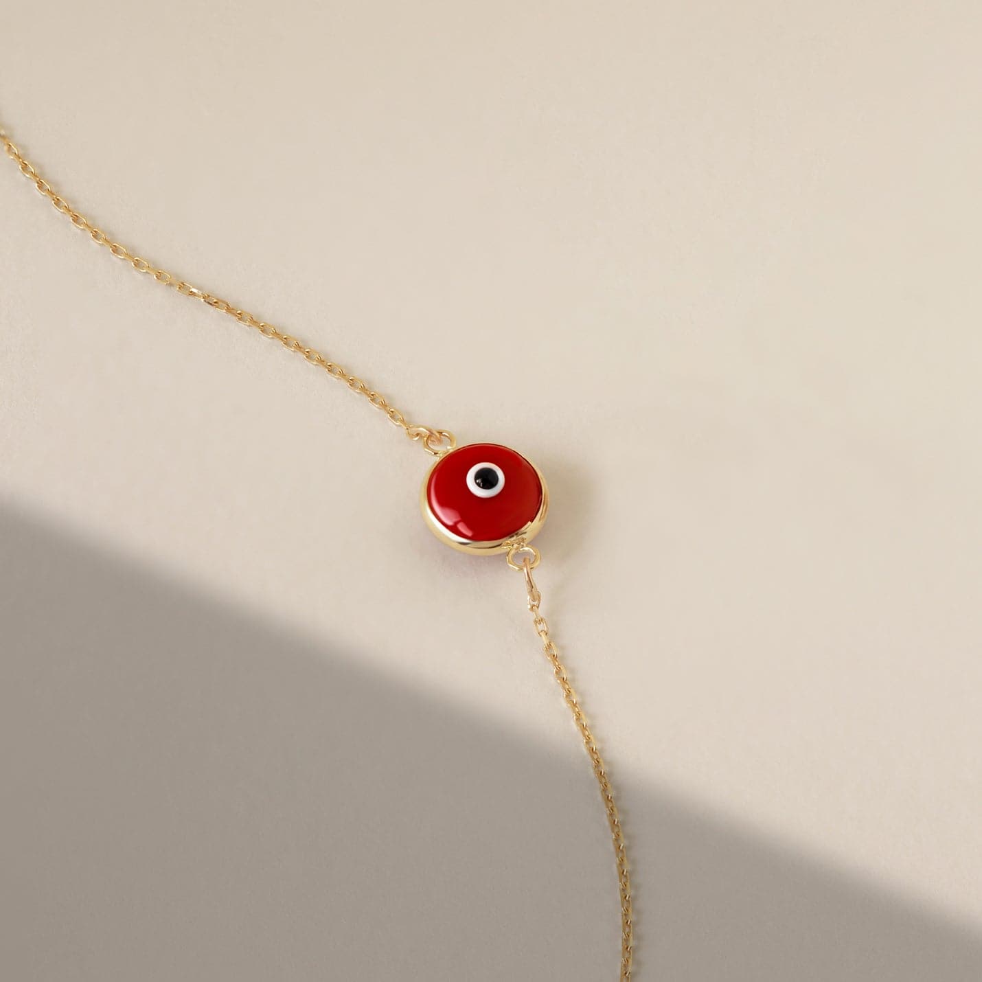 Red Evil Eye Bracelet in 14K Solid Gold, Adjustable