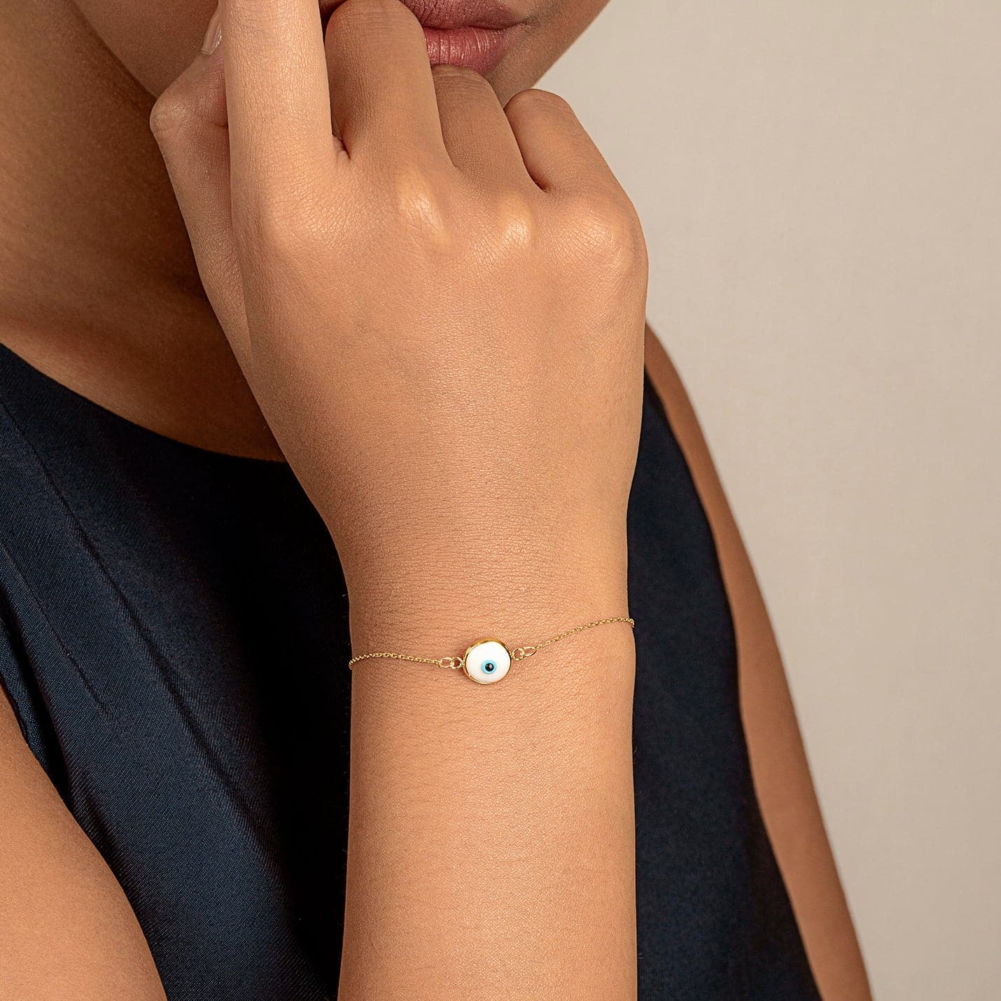 White Evil Eye Bracelet in 14K Solid Gold