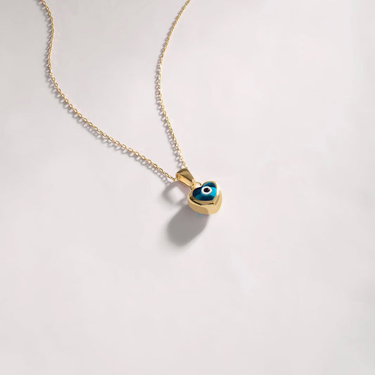 Blue Heart Evil Eye Necklace in 14K Solid Gold