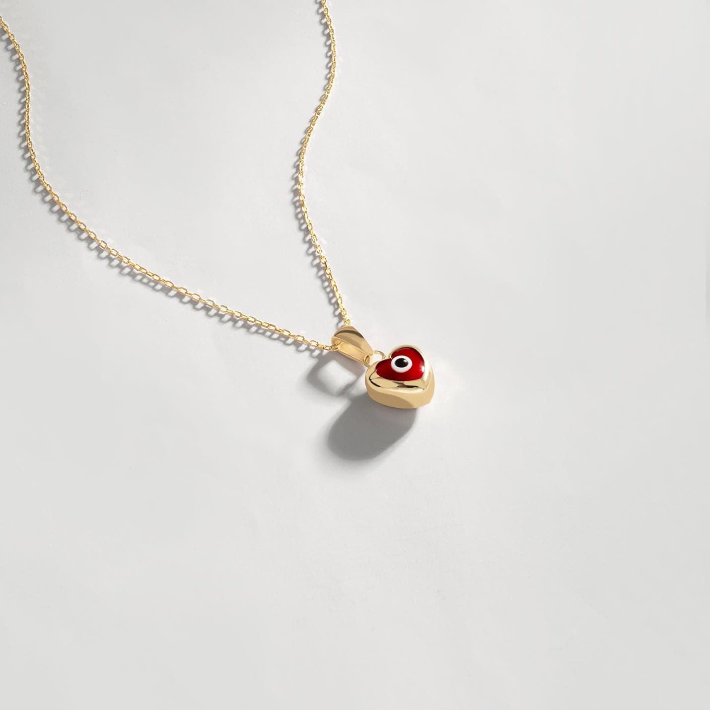 Red Heart Evil Eye Necklace in 14K Solid Gold