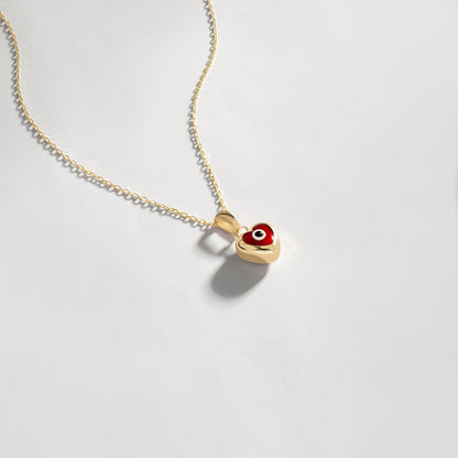 Collier œil maléfique en forme de cœur rouge en or massif 14 carats