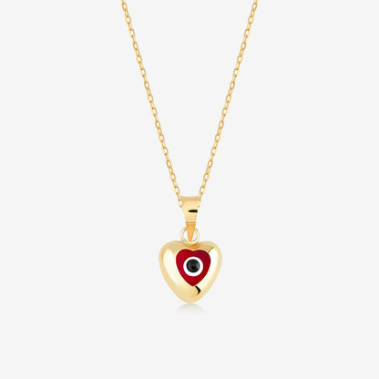 Collier œil maléfique en forme de cœur rouge en or massif 14 carats