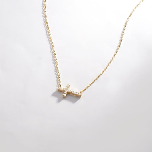 Diamond Horizontal Cross Necklace in 14K Solid Gold