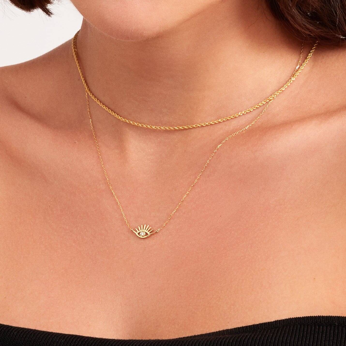 Diamond Eye Necklace with Lashes in 14K Solid Gold