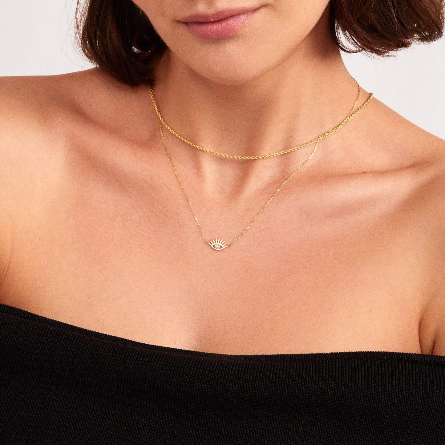 Diamond Eye Necklace with Lashes in 14K Solid Gold