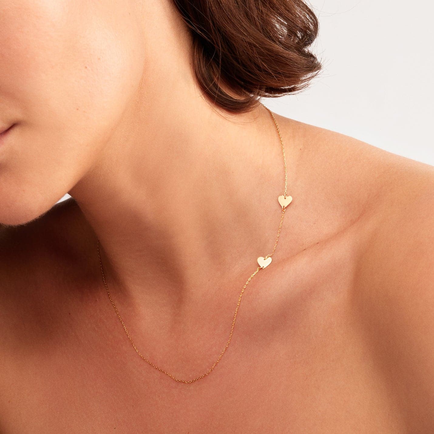 Two Side Hearts Necklace in 14K Solid Gold