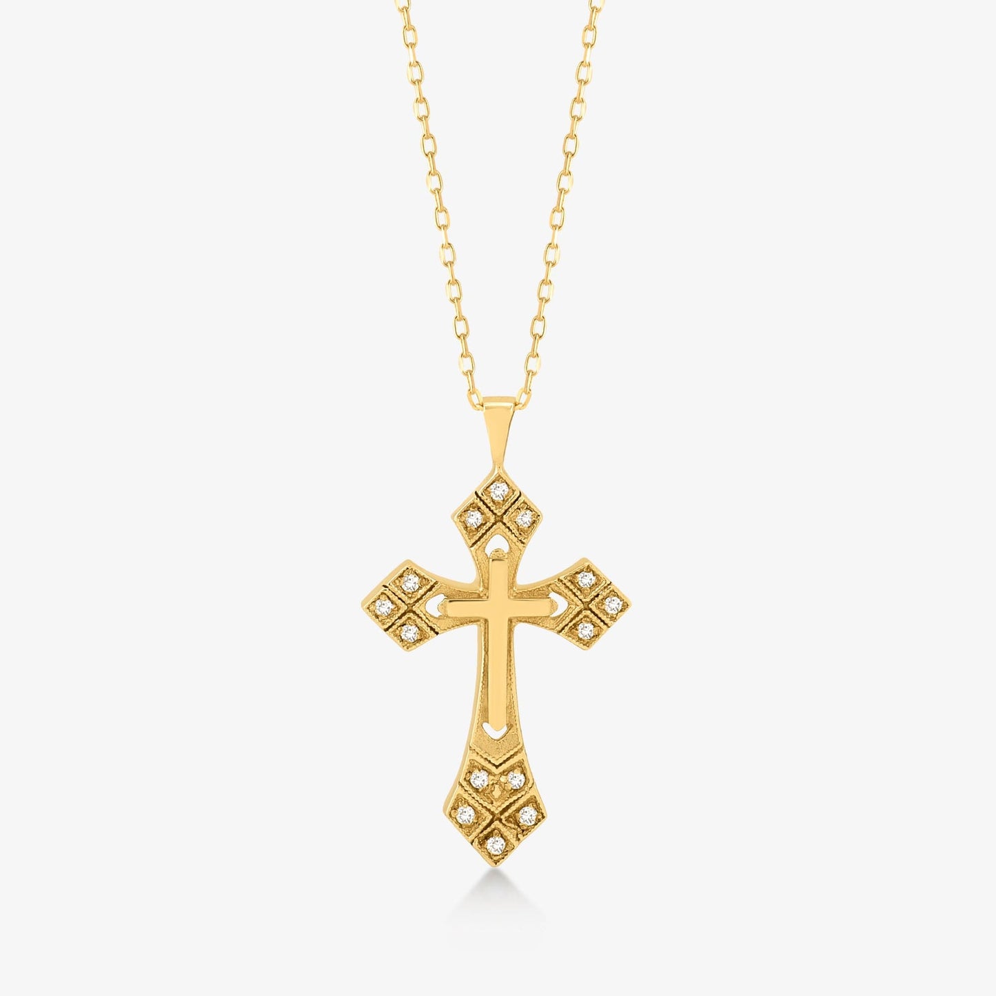 Collier croix gothique en diamants en or massif 14 carats.