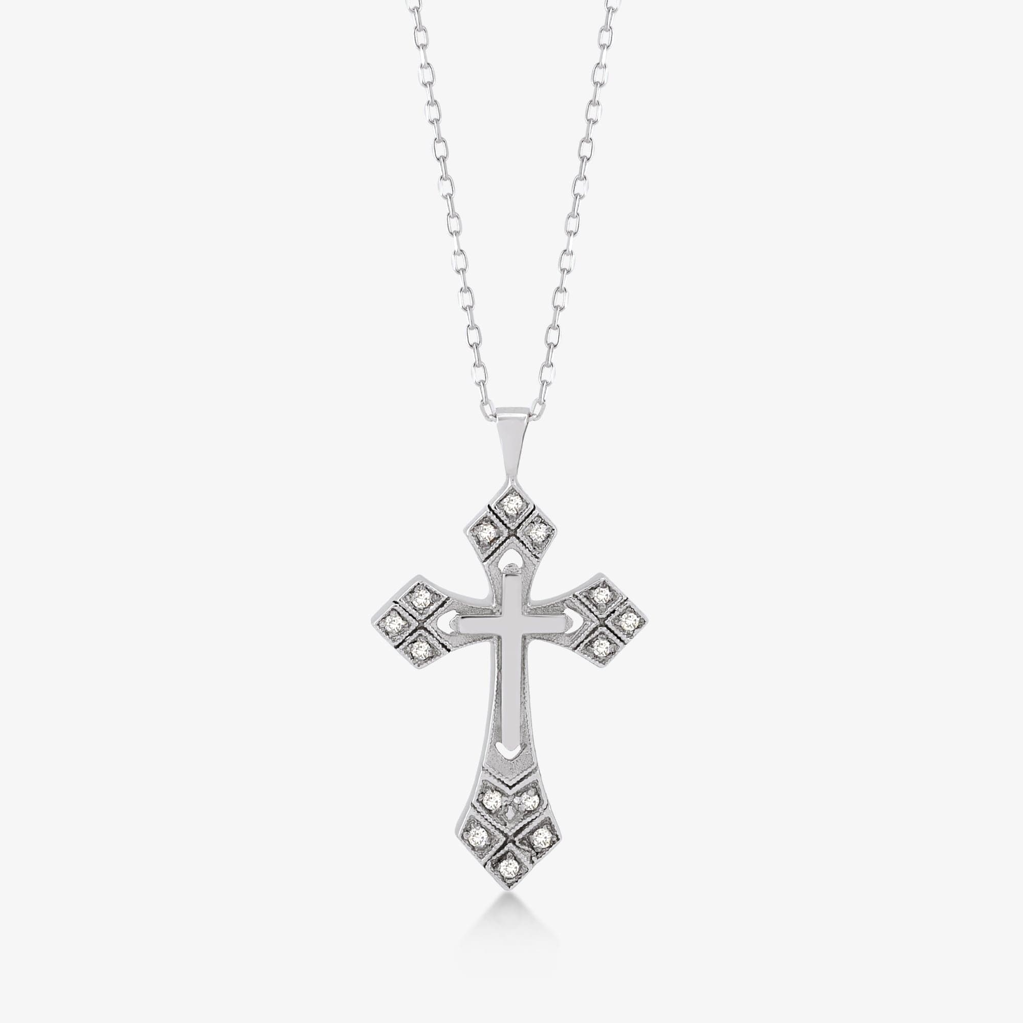 Good 14k white gold cross 2 CT diamond necklace round gothic pendant