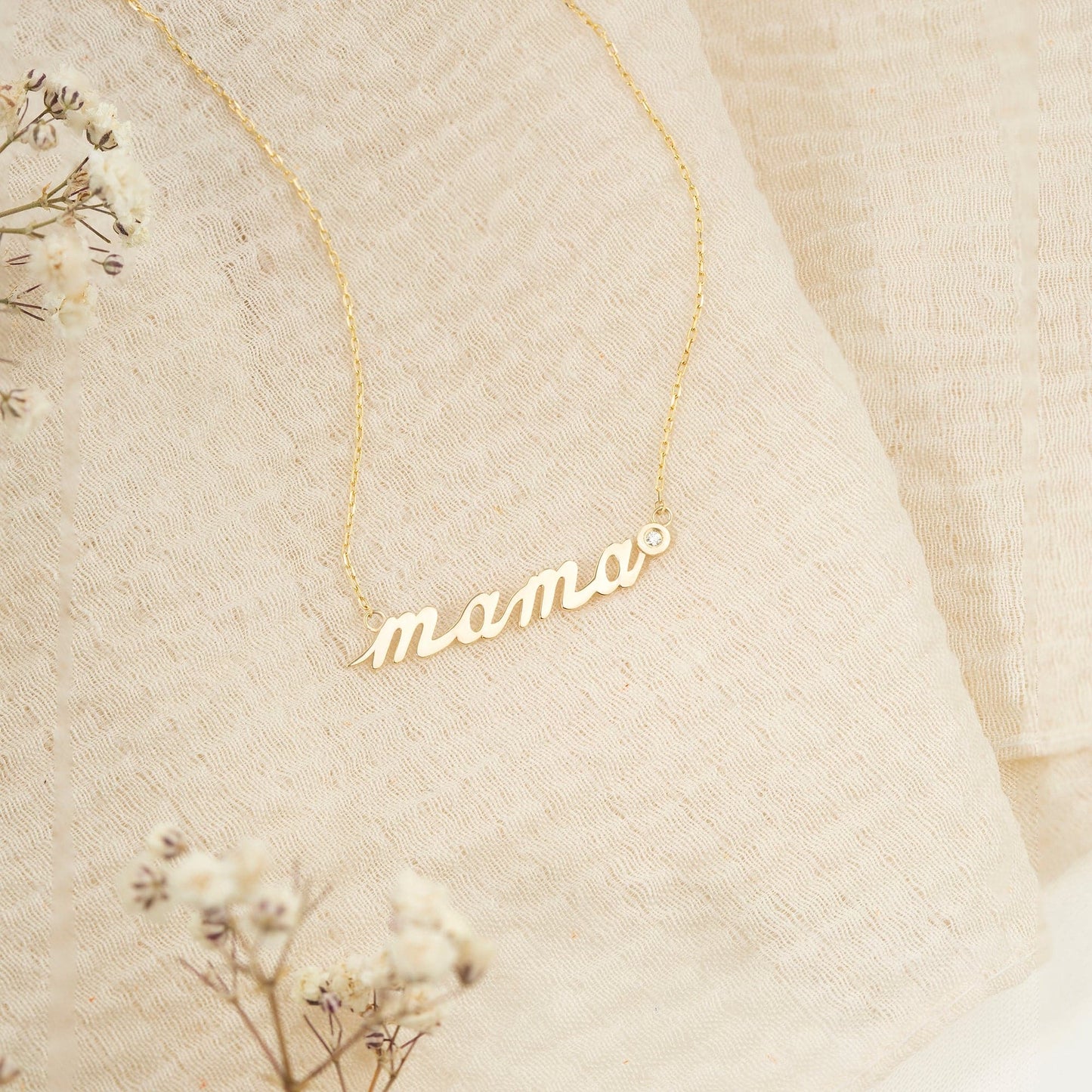 Diamond Mama Necklace in 14K Solid Gold