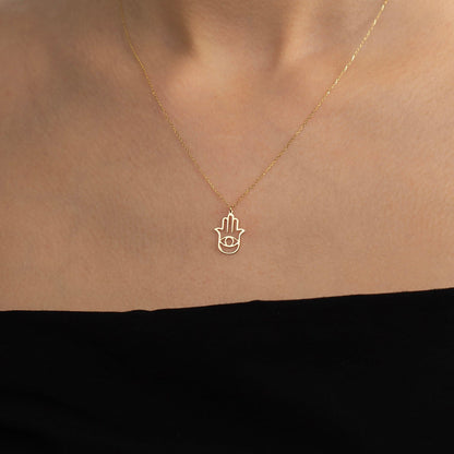 Hamsa Hand Evil Eye Necklace in 14K Solid Gold