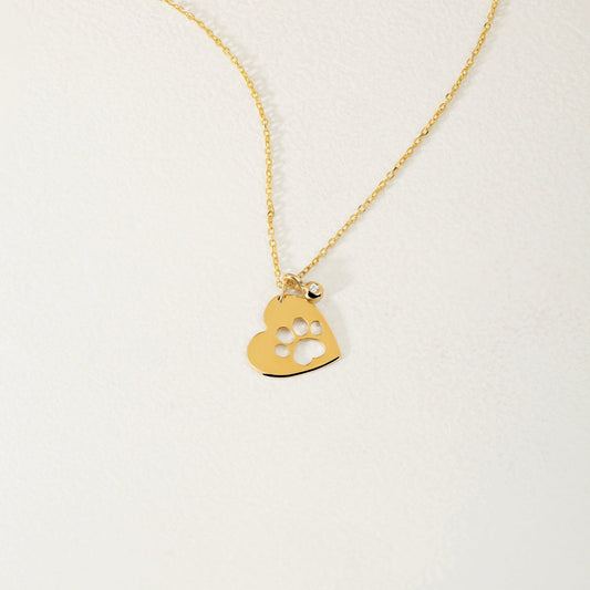 Diamond Paw Heart Necklace in 14K Solid Gold