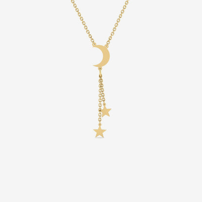 Crescent Moon and Stars Y-Necklace in 14K Solid Gold