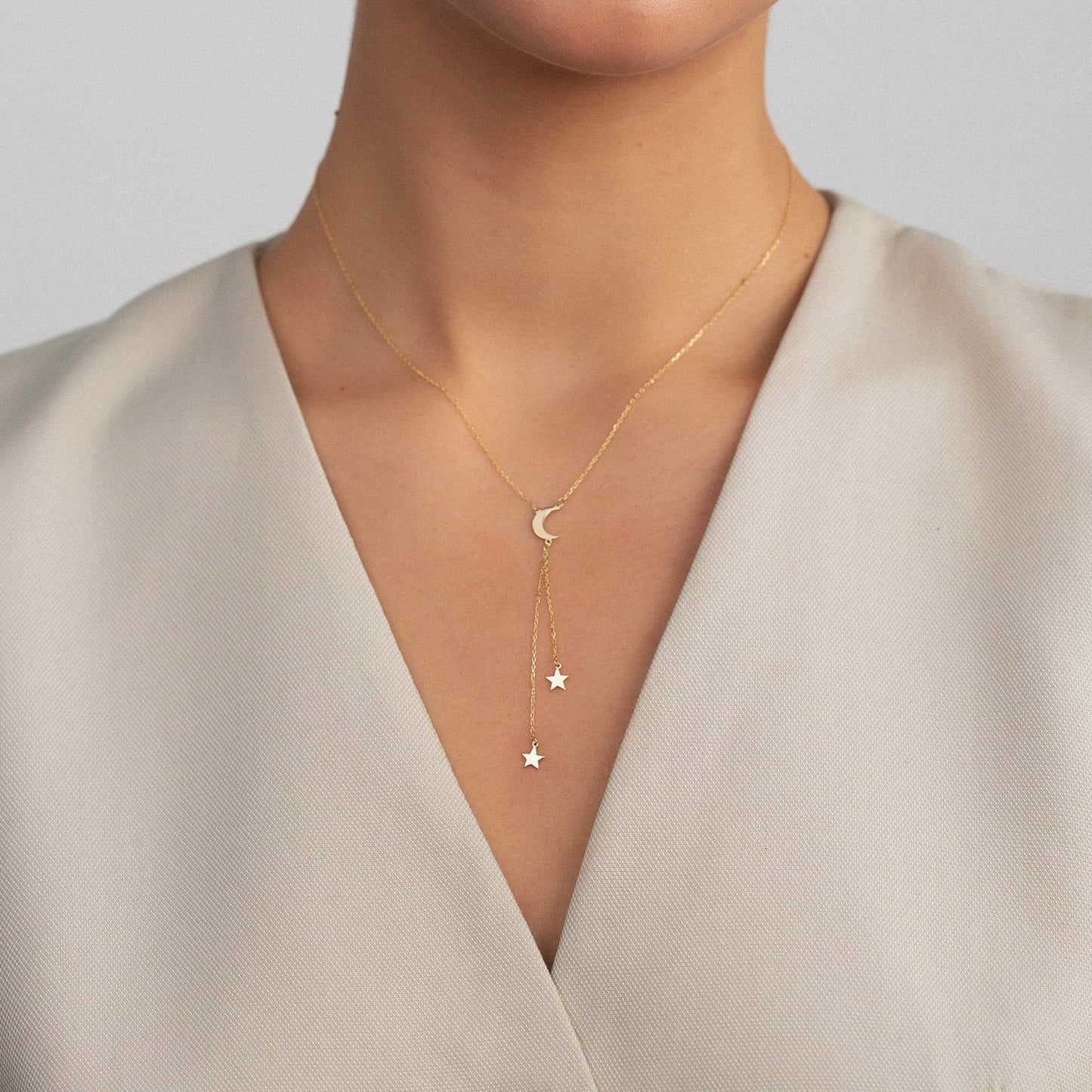 Crescent Moon and Stars Y-Necklace in 14K Solid Gold