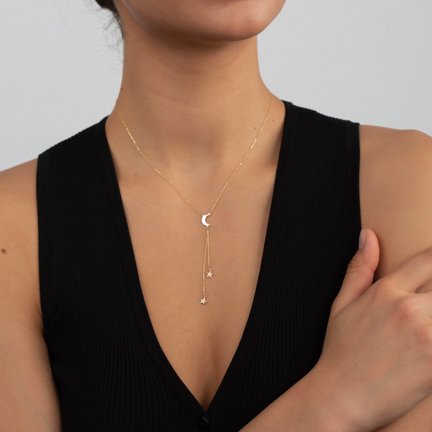 Crescent Moon and Stars Y-Necklace