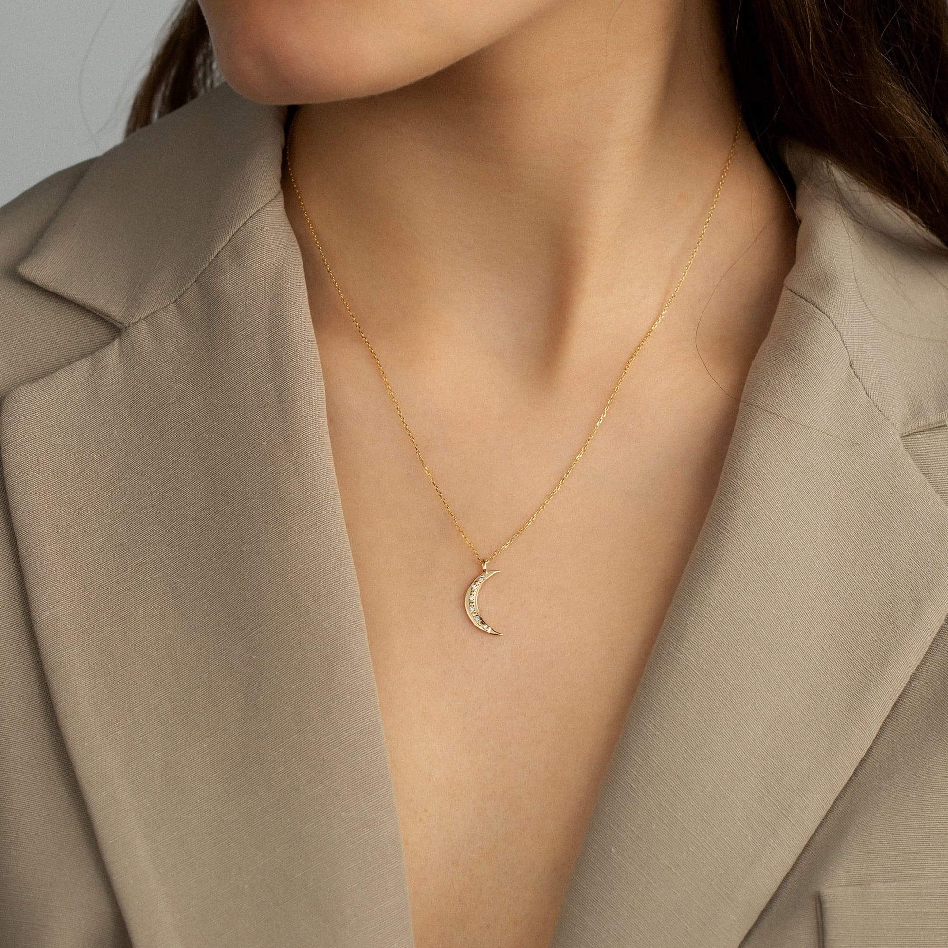 14k Solid Gold and Diamond Crescent Moon Necklace Pave Diamond