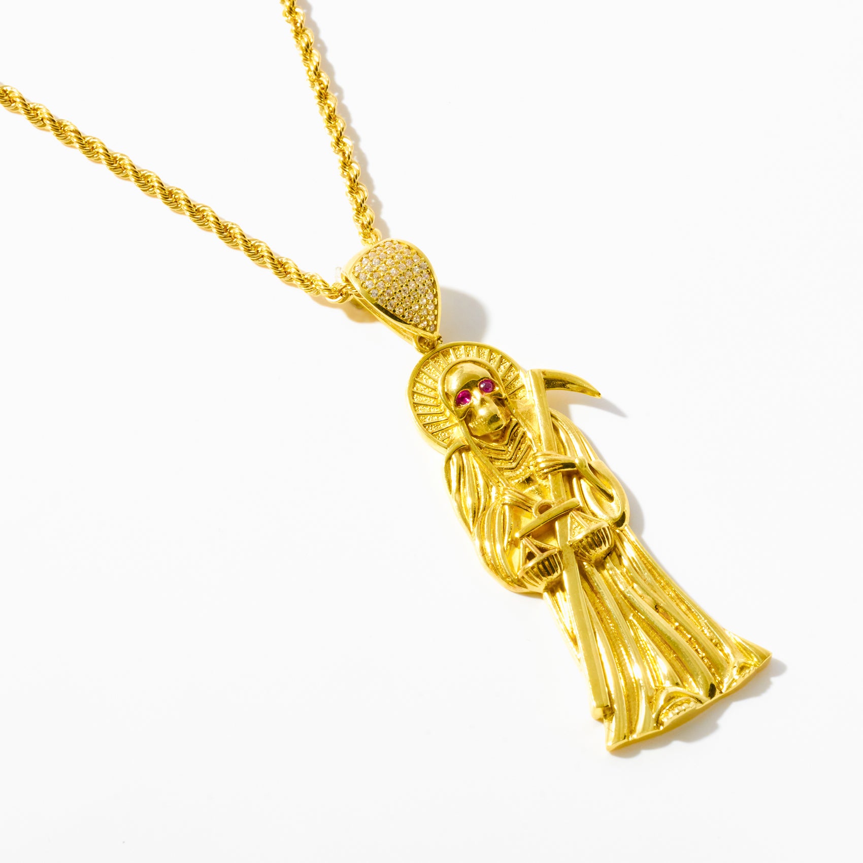 Yellow Gold Santa Muerte Pendant with Red Eyes & Scythe