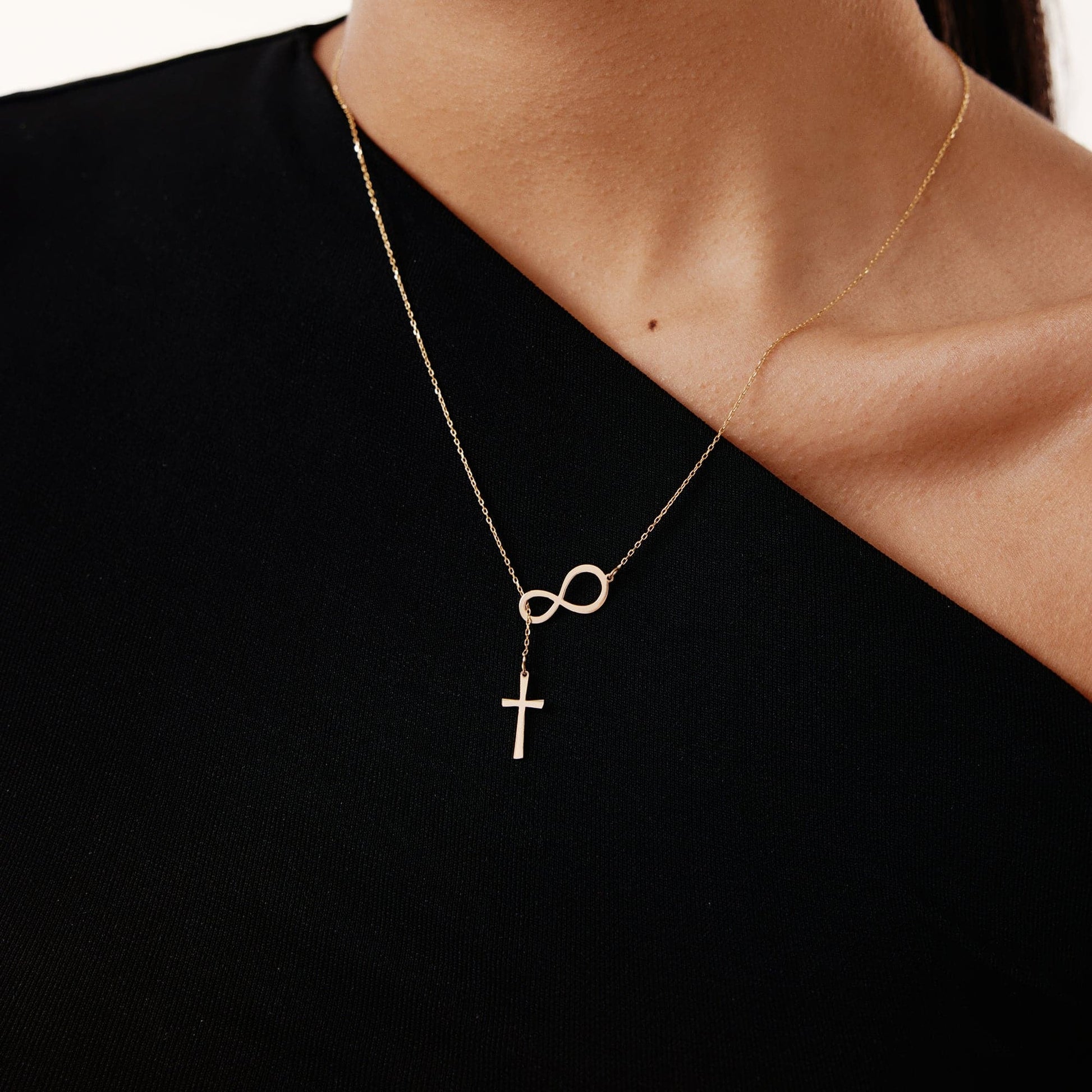 Cross and Infinity Y-Necklace in 14K Solid Gold, Women by GELIN
