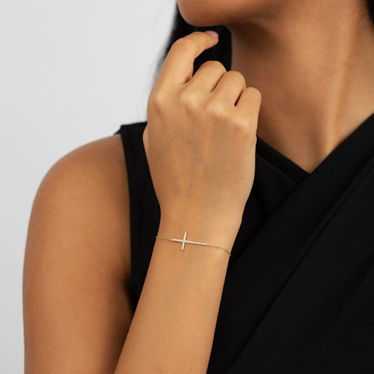 Diamond Pave Horizontal Cross Bracelet in 14K Solid Gold