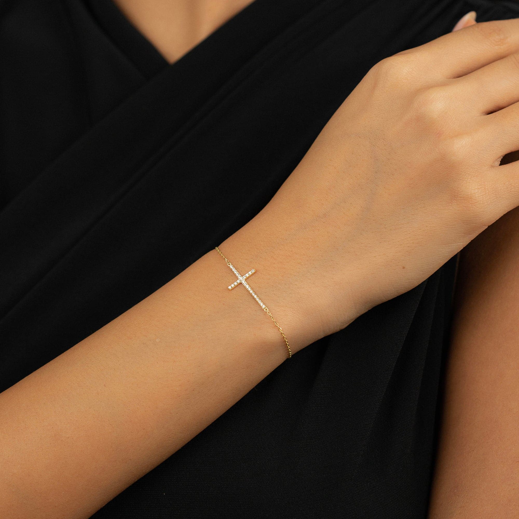 Diamond Pave Horizontal Cross Bracelet