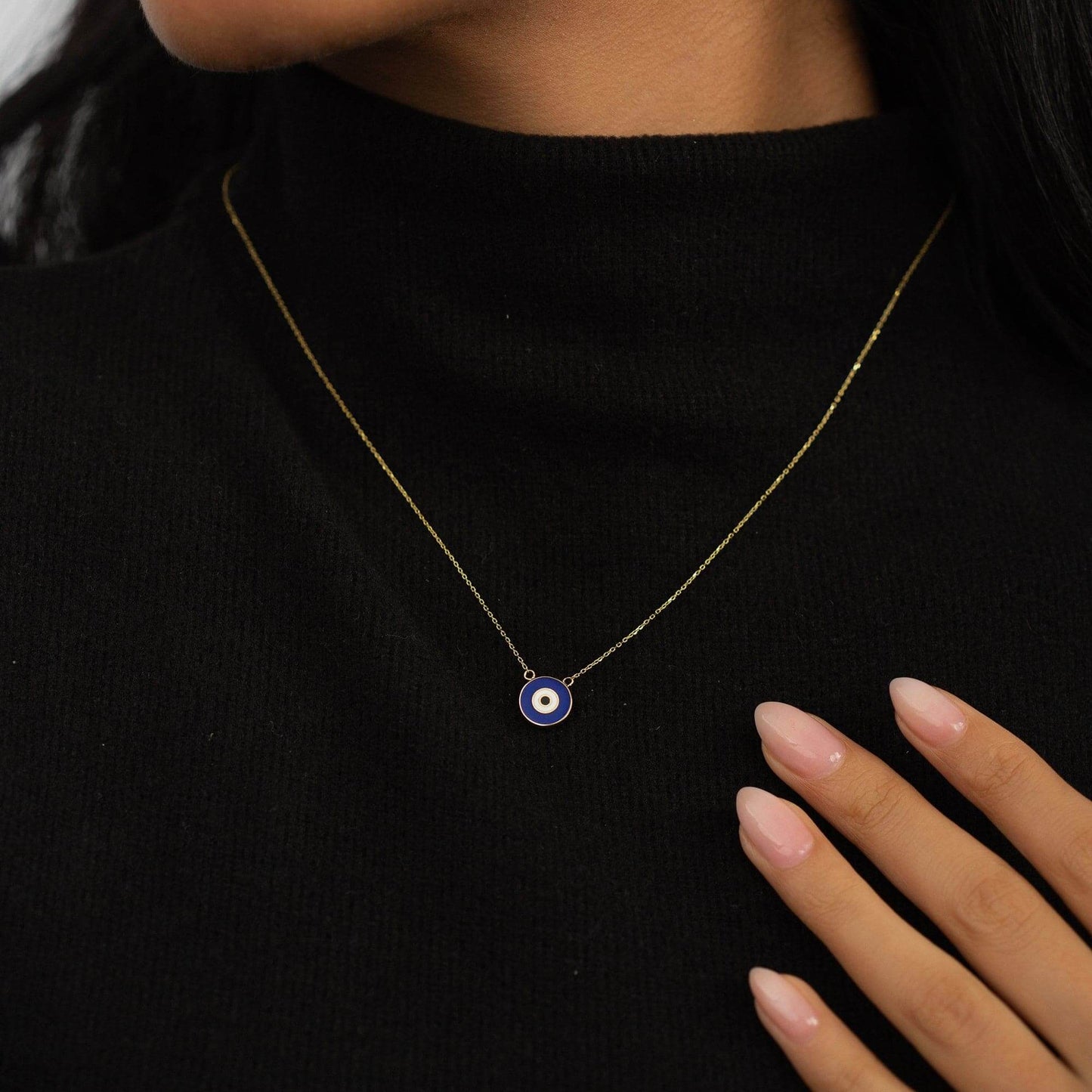 Dark Blue Evil Eye Pendant Necklace in 14K Solid Gold