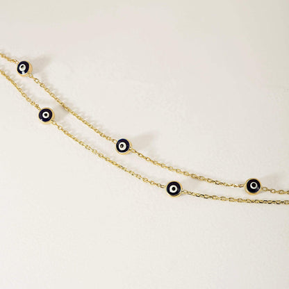 Double Strand Evil Eye Station Bracelet in 14K Solid Gold