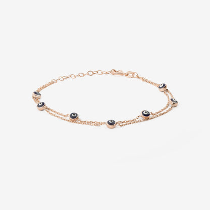 Double Strand Evil Eye Station Bracelet in 14K Solid Gold