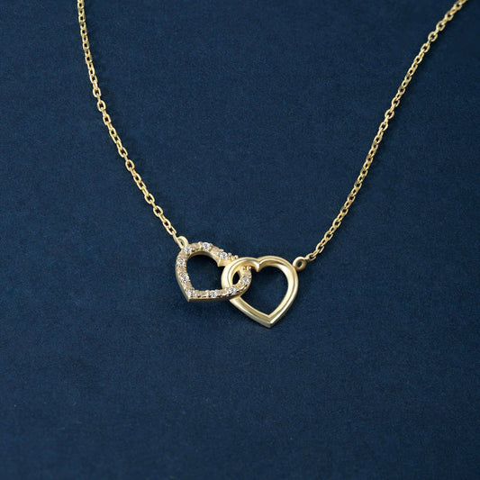 Diamond Double Hearts Necklace in 14K Solid Gold