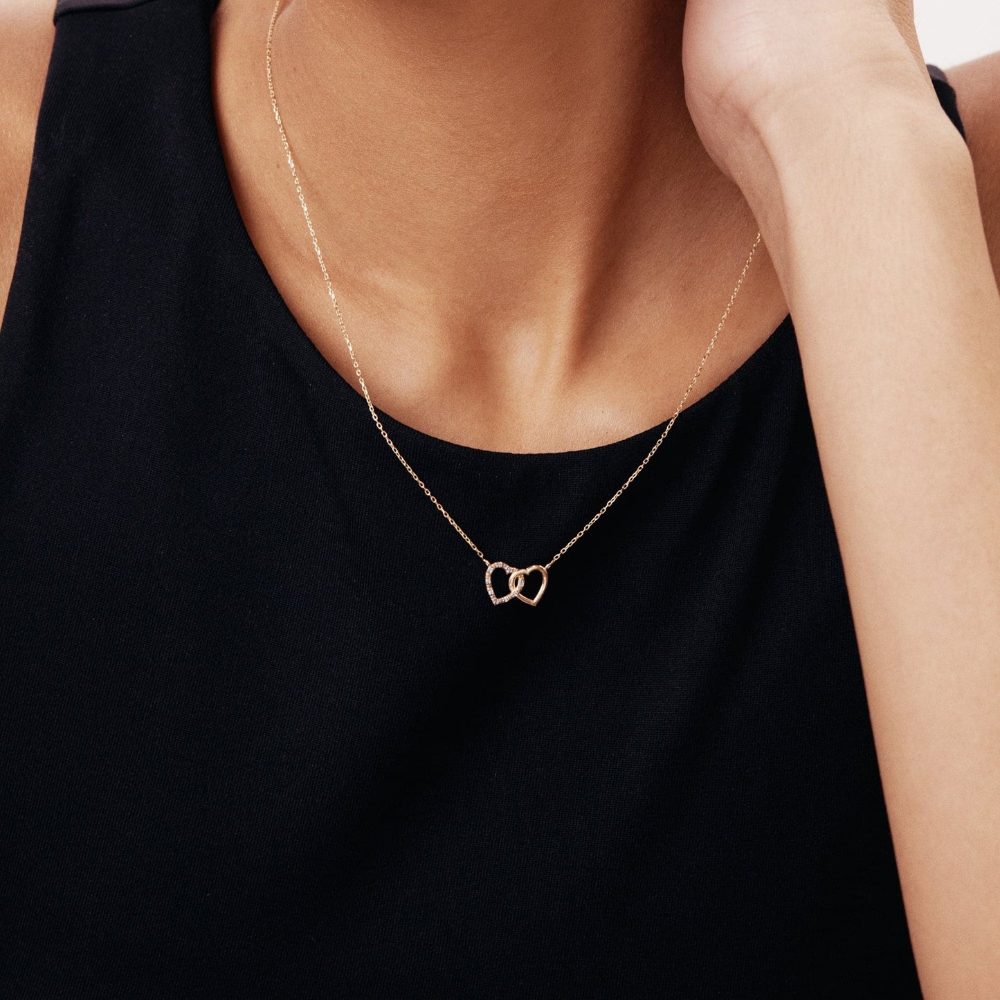 Diamond Double Hearts Necklace in 14K Solid Gold