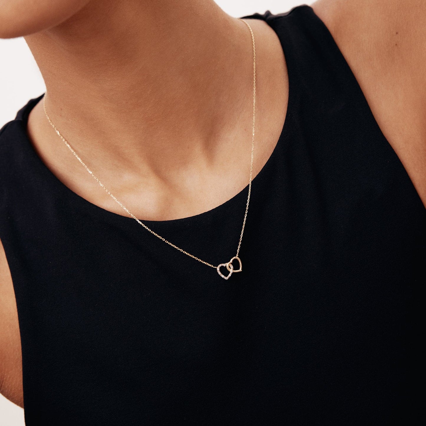 Diamond Double Hearts Necklace in 14K Solid Gold